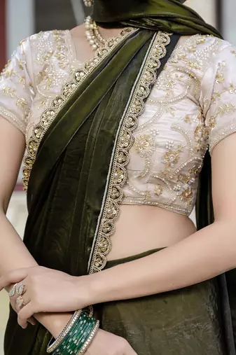 olive satin solid saree with unstitched blouse