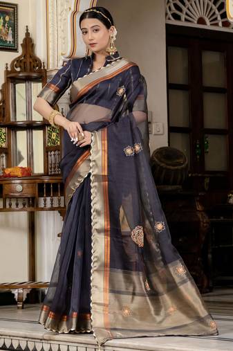 navy blue linen zari woven saree with unstitched blouse