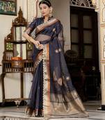 navy blue linen zari woven saree with unstitched blouse