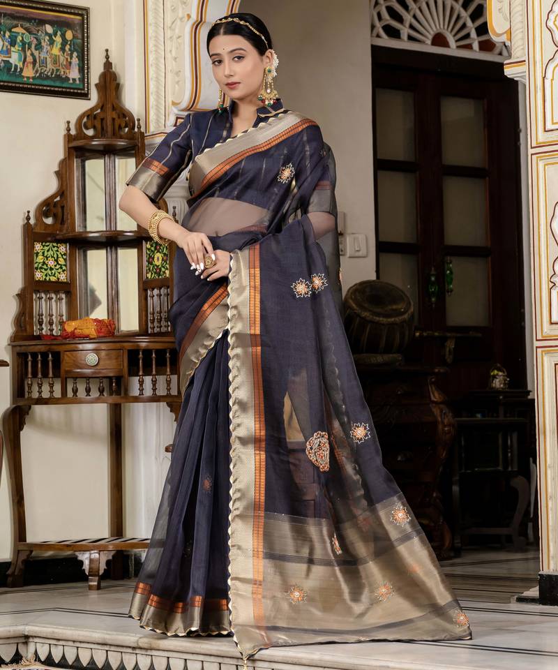 navy blue linen zari woven saree with unstitched blouse