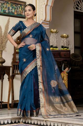 teal linen zari woven saree with unstitched blouse