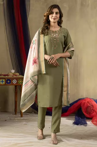 Green Designer Straight Kurti Pant Dupatta Set With Embroidery And Hand Work