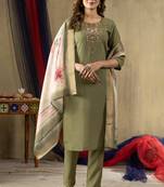 Green Designer Straight Kurti Pant Dupatta Set With Embroidery And Hand Work