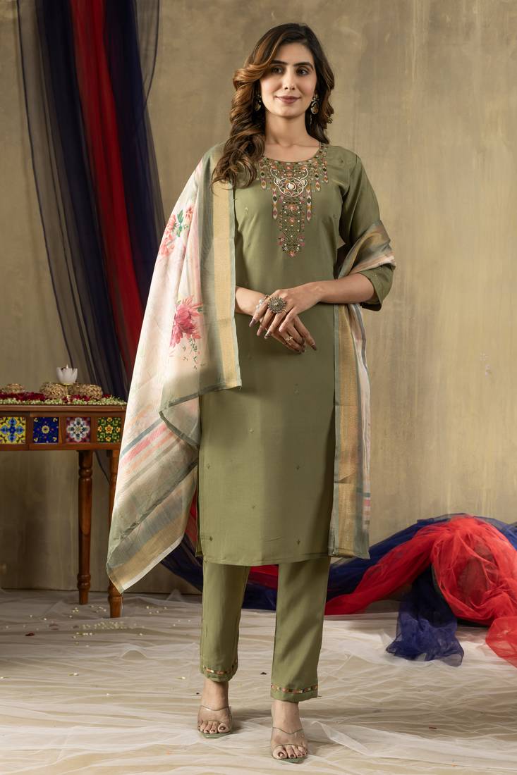 Green Designer Straight Kurti Pant Dupatta Set With Embroidery And Hand Work