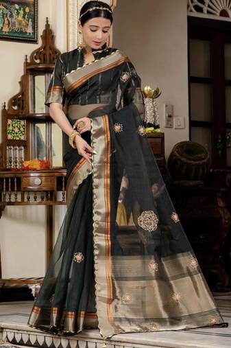 black linen zari woven saree with unstitched blouse