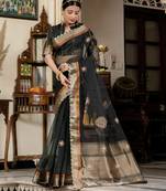 black linen zari woven saree with unstitched blouse