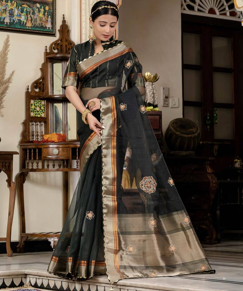 black linen zari woven saree with unstitched blouse