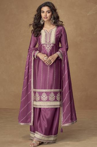 Onion pink chinon silk embroidered deiigner plazzo suit