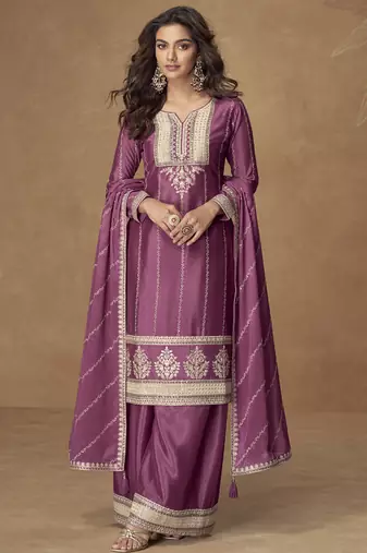 Onion pink chinon silk embroidered deiigner plazzo suit
