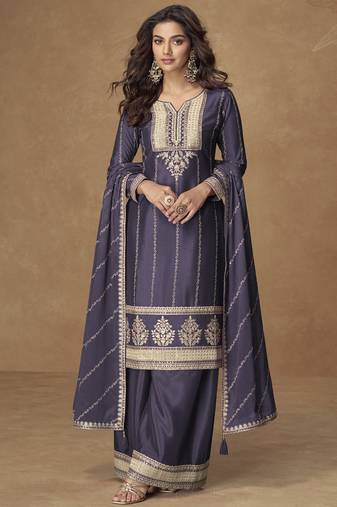 Violet chinon silk embroidered deiigner plazzo suit