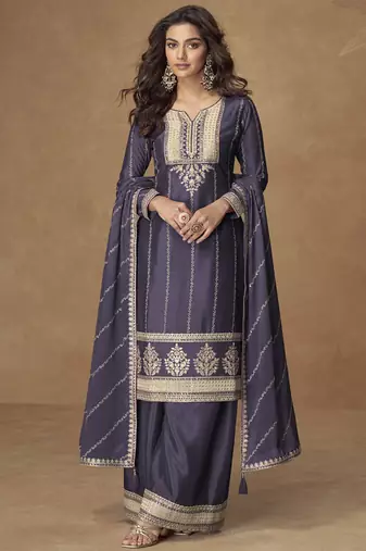 Violet chinon silk embroidered deiigner plazzo suit