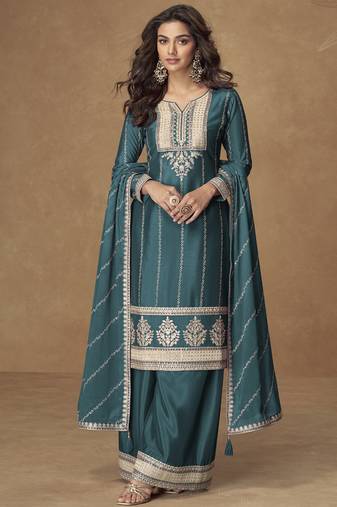 Teal blue chinon silk embroidered deiigner plazzo suit