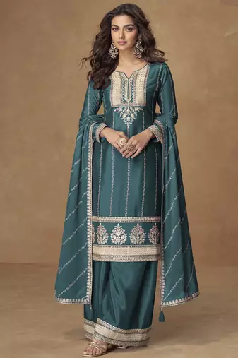 Teal blue chinon silk embroidered deiigner plazzo suit