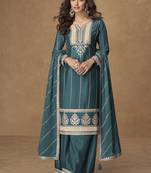 Teal blue chinon silk embroidered deiigner Palazzo suit