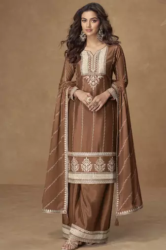 Brown chinon silk embroidered deiigner plazzo suit