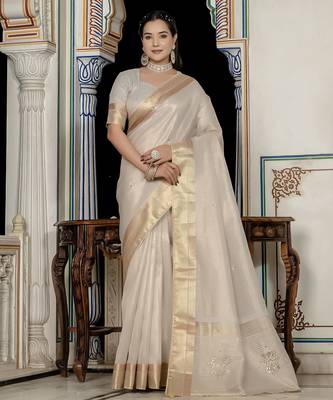 off white tissue linen beads & stone saree with unstitched blouse 1