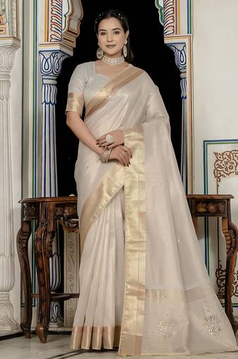 off white tissue linen beads & stone saree with unstitched blouse