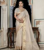 off white tissue linen beads & stone saree with unstitched blouse