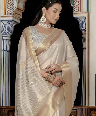 off white tissue linen beads & stone saree with unstitched blouse 2