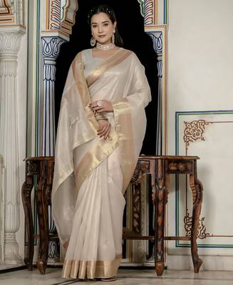 off white tissue linen beads & stone saree with unstitched blouse 3