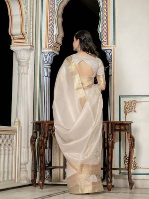 off white tissue linen beads & stone saree with unstitched blouse 4