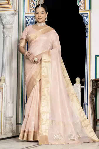 baby pink tissue linen beads & stone saree with unstitched blouse