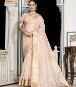 baby pink tissue linen beads & stone saree with unstitched blouse