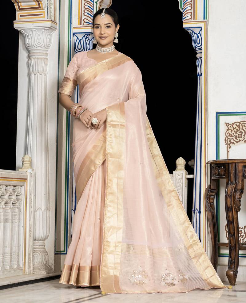 baby pink tissue linen beads & stone saree with unstitched blouse