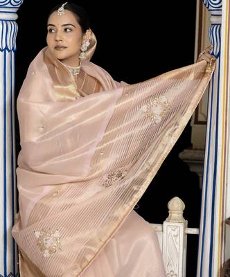 baby pink tissue linen beads & stone saree with unstitched blouse 2