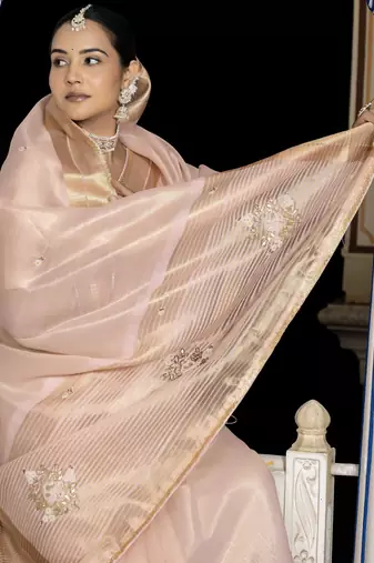 baby pink tissue linen beads & stone saree with unstitched blouse