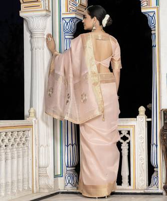 baby pink tissue linen beads & stone saree with unstitched blouse 4