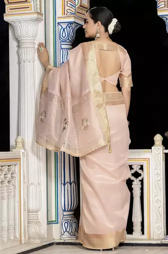 baby pink tissue linen beads & stone saree with unstitched blouse