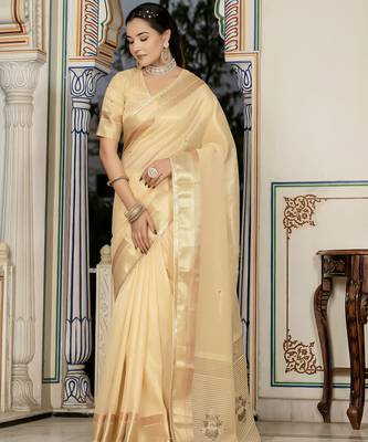 yellow tissue linen beads & stone saree with unstitched blouse 1