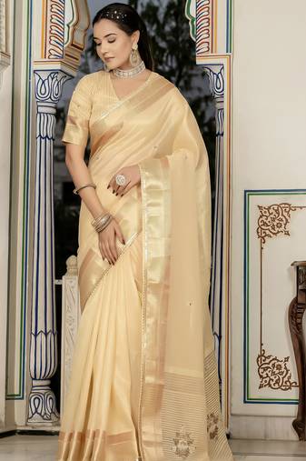 yellow tissue linen beads & stone saree with unstitched blouse