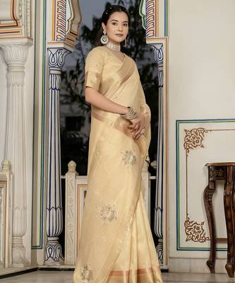 yellow tissue linen beads & stone saree with unstitched blouse 2