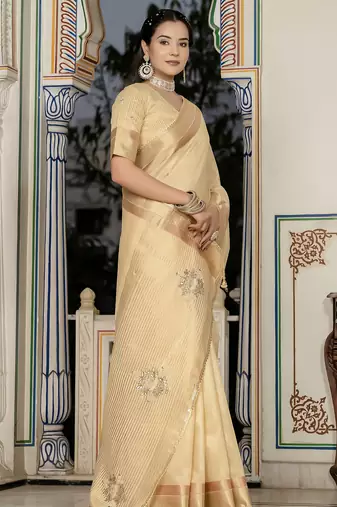yellow tissue linen beads & stone saree with unstitched blouse