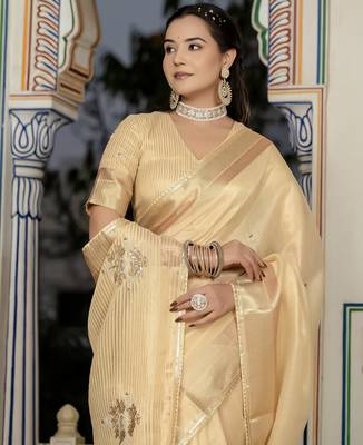 yellow tissue linen beads & stone saree with unstitched blouse 3
