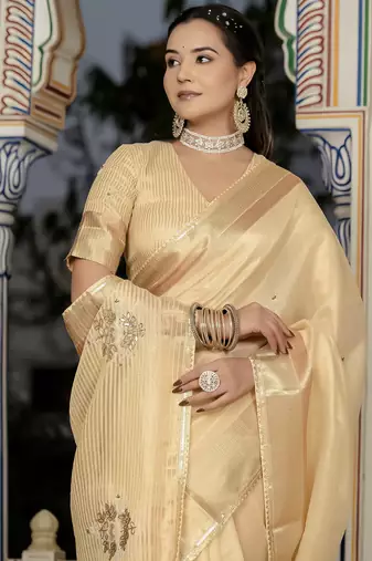 yellow tissue linen beads & stone saree with unstitched blouse