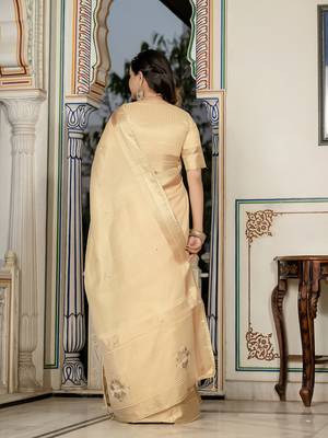 yellow tissue linen beads & stone saree with unstitched blouse 4