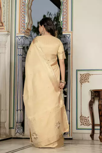 yellow tissue linen beads & stone saree with unstitched blouse