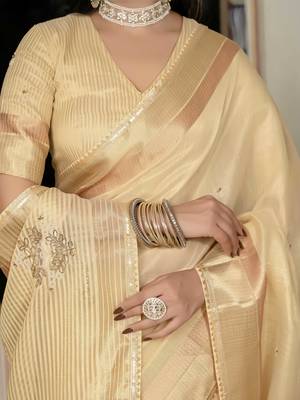 yellow tissue linen beads & stone saree with unstitched blouse 5
