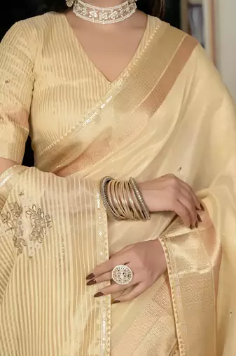 yellow tissue linen beads & stone saree with unstitched blouse