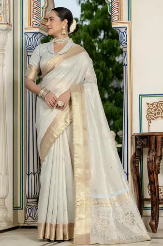 grey tissue linen beads & stone saree with unstitched blouse