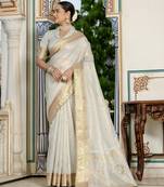 grey tissue linen beads & stone saree with unstitched blouse