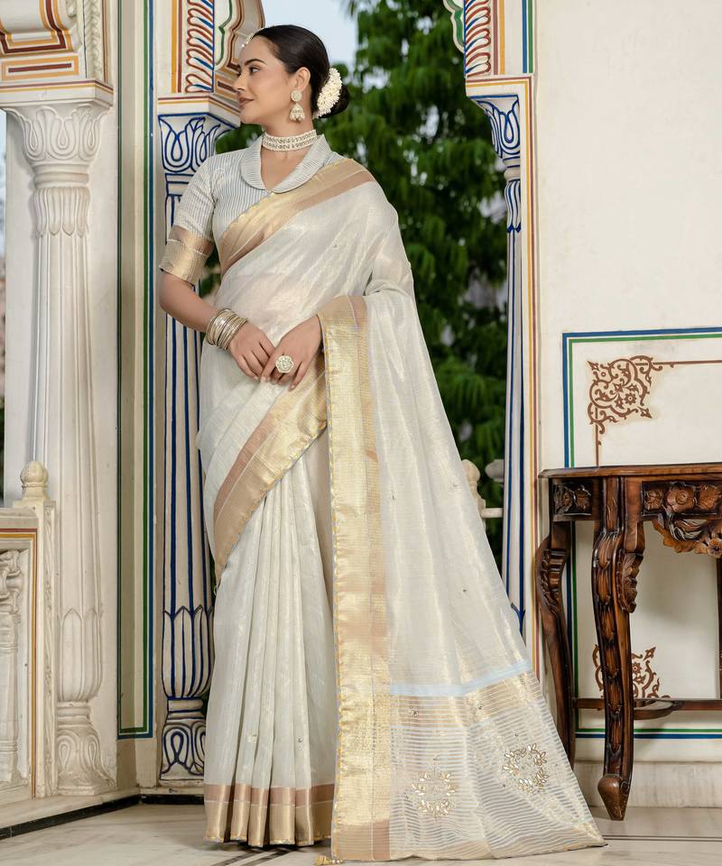 grey tissue linen beads & stone saree with unstitched blouse