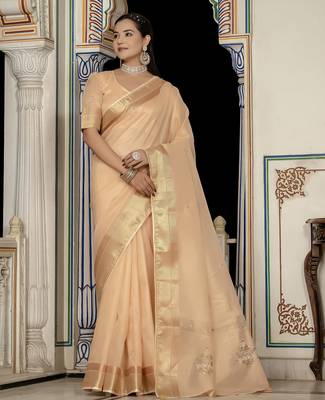 beige tissue linen beads & stone saree with unstitched blouse 1