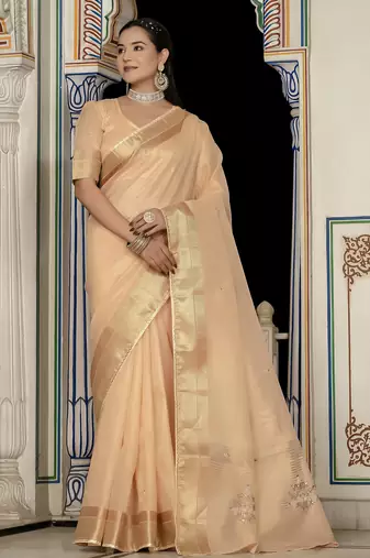 beige tissue linen beads & stone saree with unstitched blouse