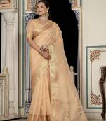 beige tissue linen beads & stone saree with unstitched blouse
