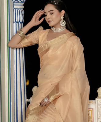 beige tissue linen beads & stone saree with unstitched blouse 2