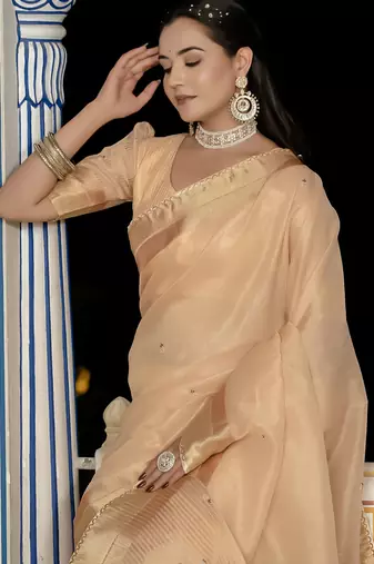beige tissue linen beads & stone saree with unstitched blouse